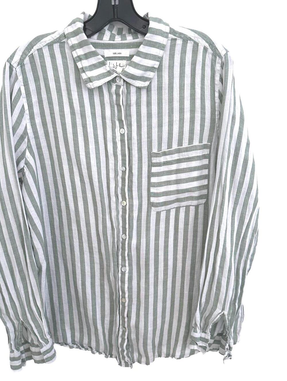 Nicole Miller New York 100% Linen Green/White Striped Button-Up Shirt - XL